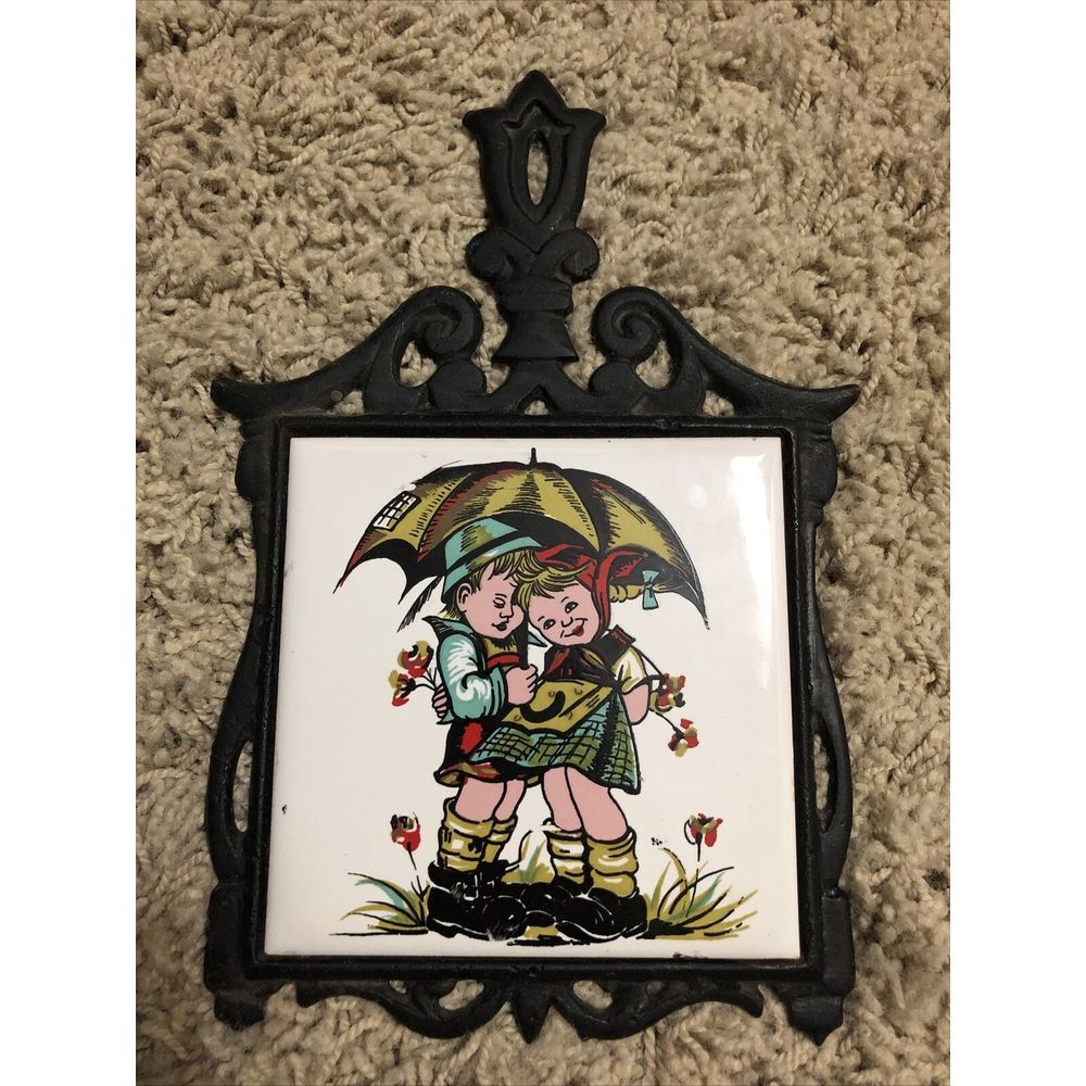 Vintage Ceramic Tile and Metal Trivet, Children Rain Umbrella‎